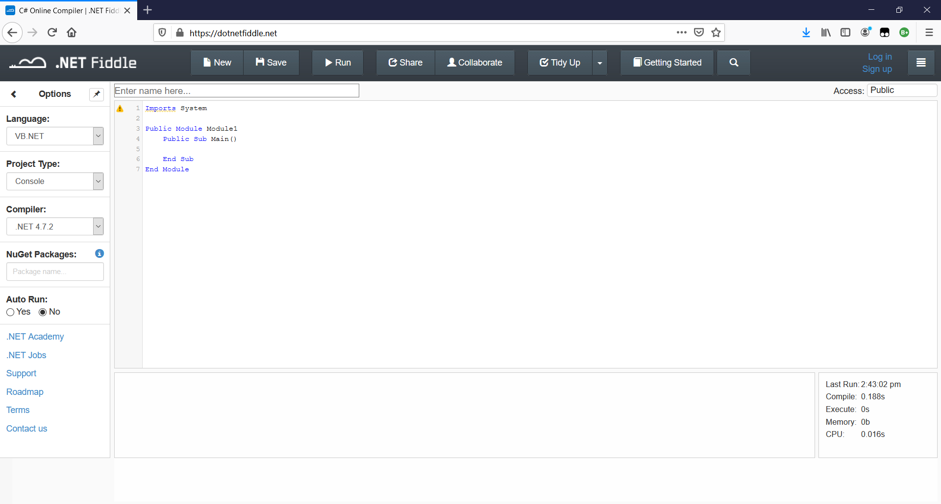 Screenshot of DotNetFiddle targetting Visual Basic .NET.