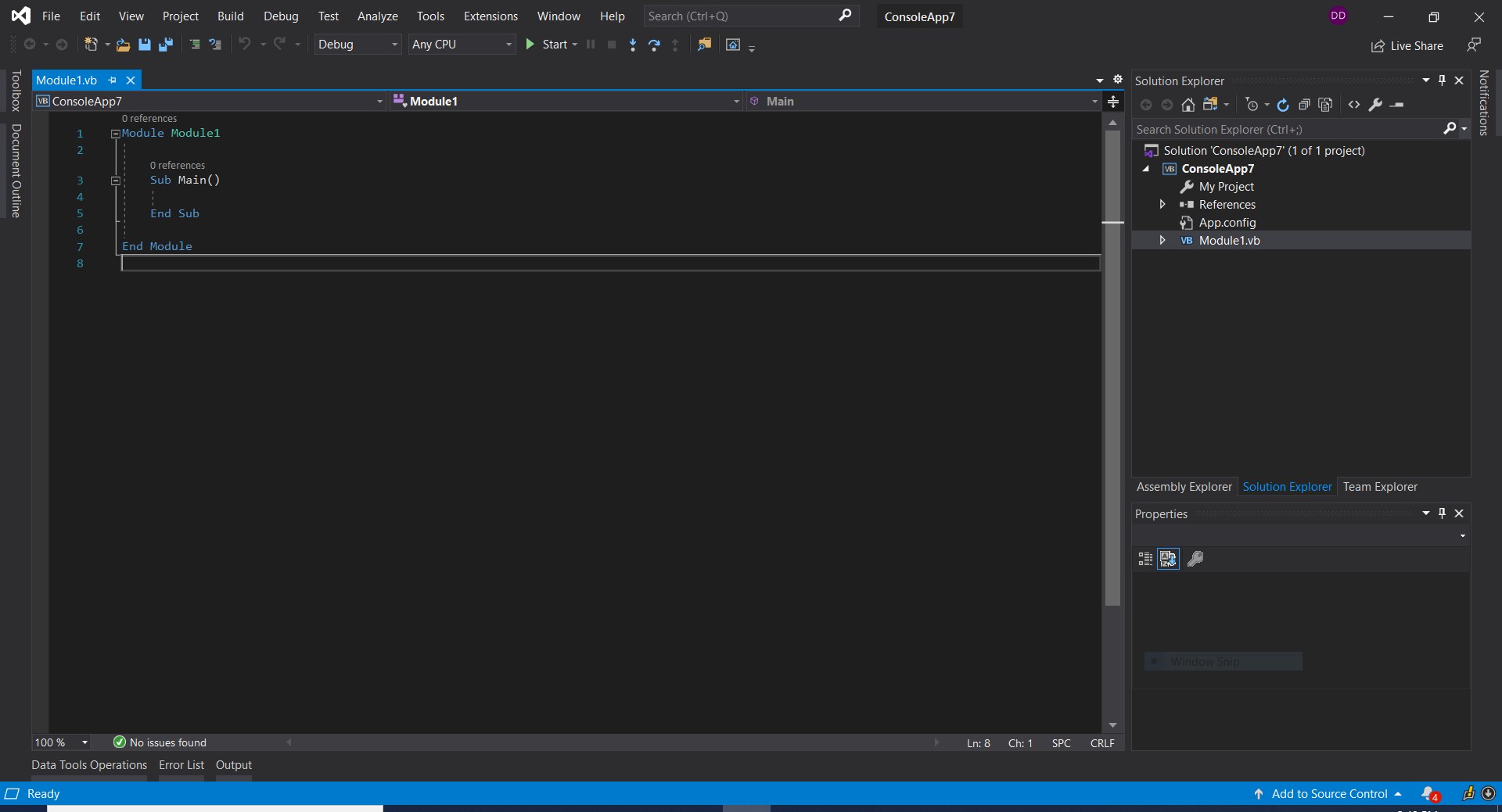 Screenshot of a Visual Basic .NET console application in Visual Studio 2019.
